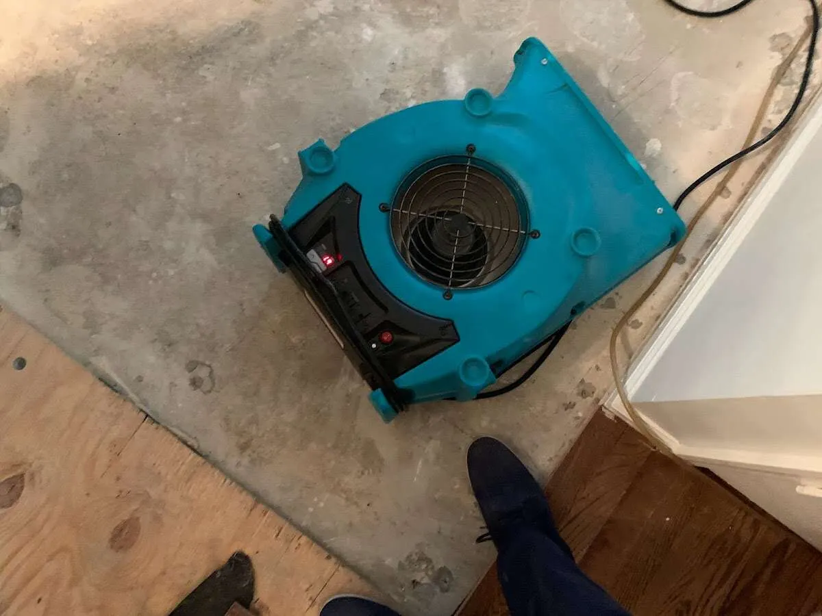 Air mover drying subfloor during Commercial Water Damage Restoration in Hampton